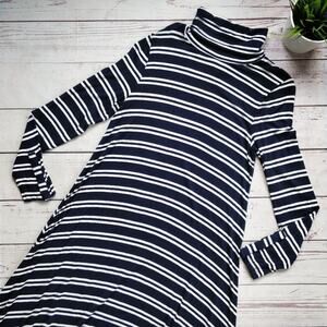 ANTHROPOLOGIE MAEVE Turtleneck Stripe Navy White Long Sleeve Jersey Dress L